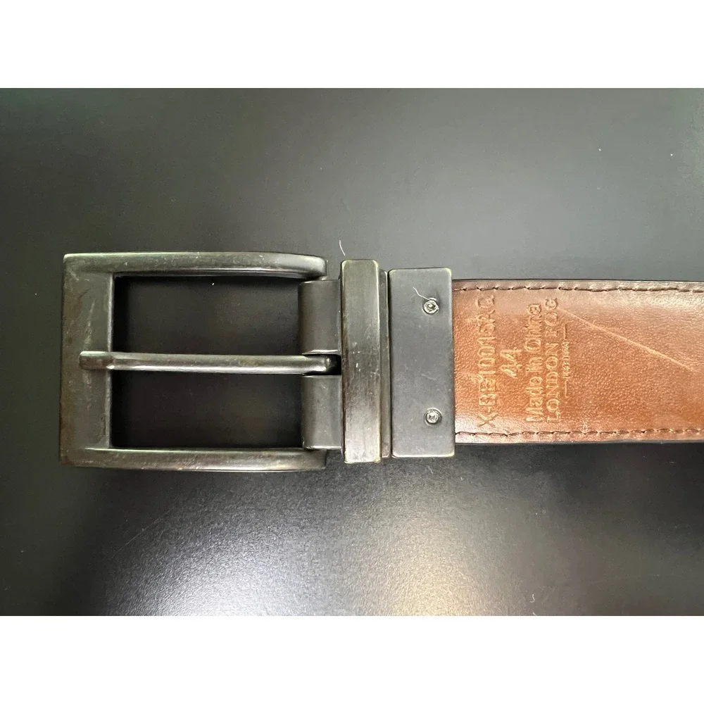 London Fog Mens Reversible Leather Belt Black Brown Size 44 Gunmetal Buckle